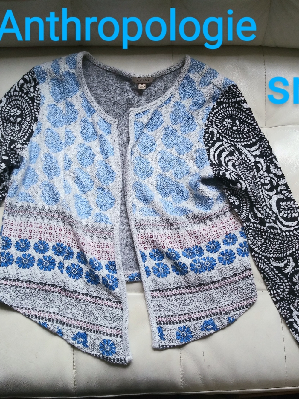 Anthropologie Blue and Black Mixed-Print Open Cardigan